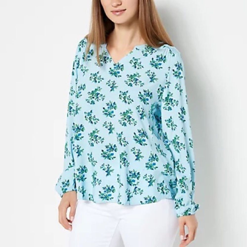 Denim & Co. Printed Woven Top with Crochet Trim